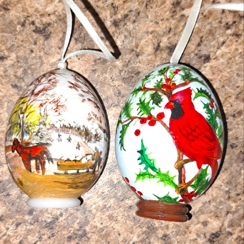 Vintage Handpainted Egg Christmas Scene Ornaments Lot Of 2 Artist/Standly